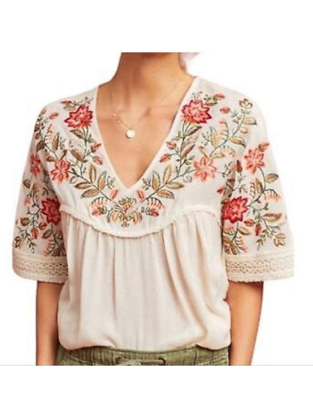 Anthropologie Rana Gill Jumel Embroidered Floral Boho Cream V-Neck Blouse XSP